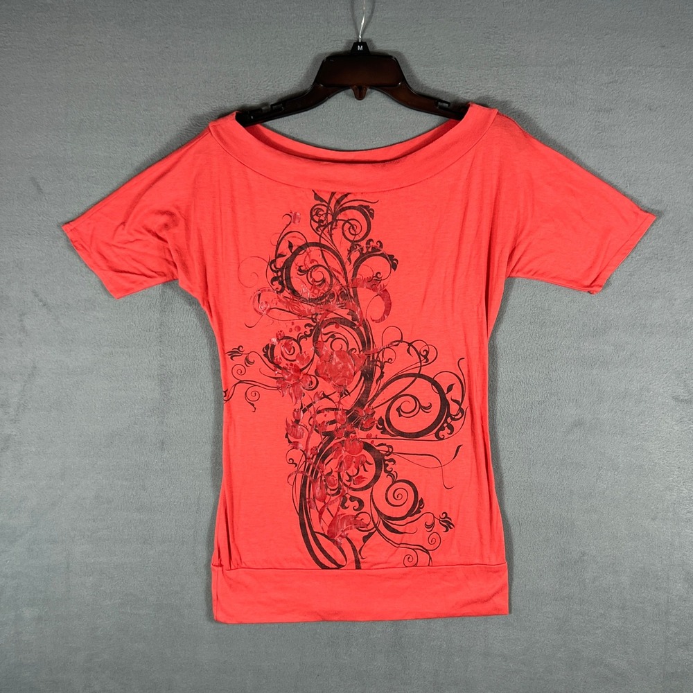 Body Central Womens Top Size M Coral Floral Y2K Dolman Short Sleeve T Shirt